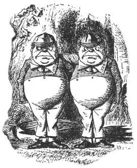 Tenniel illustration of Tweedledum and Tweedledee from Alice in Wonderland used on the Couples page of Gill Jackman, a counsellor working in the Chew Valley, North Somerset